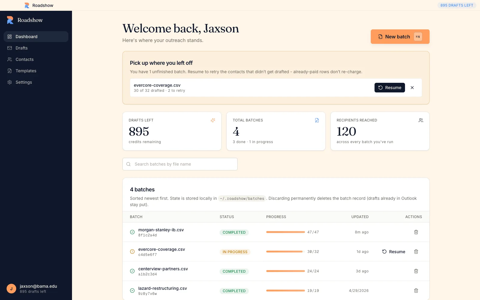 The Roadshow desktop dashboard showing recent batches and remaining credits