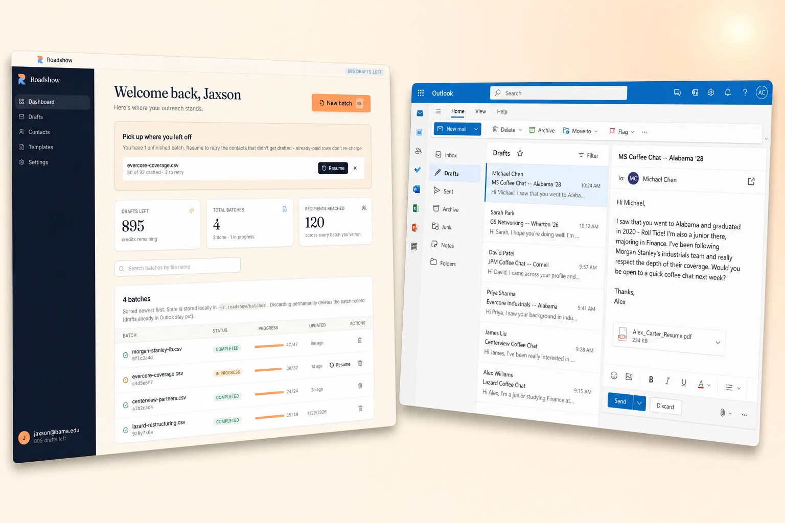 Roadshow desktop app on the left with all drafts ready, paired with the user's Outlook Drafts folder showing personalized recruiting emails to alumni at Morgan Stanley, Goldman Sachs, JPMorgan, Evercore, Centerview, and Lazard